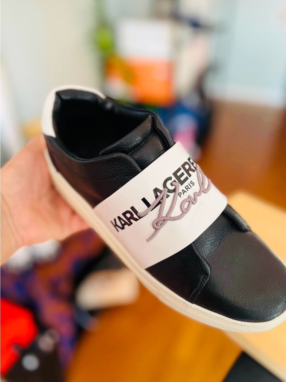 Karl Lagerfeld Kids Black and White Slip-On Sneakers with Logo Strap Sz 8